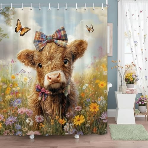 Cow Shower Curtain, Farmhouse Rustic Floral Funny Cute Highland Cow Shower Curtains, Western Cattle Bull Animal Wildflower Country Farm Animal Bathroom Decor, Surreal Bathroom Curtain, 70x84 inch