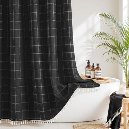 RiverDream Farmhouse No Hooks Shower Curtain with Snap-in Liner,Black,71x74