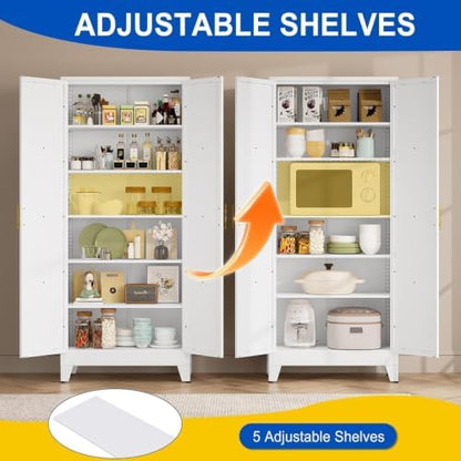 75" Metal Storage Cabinet with 2 Doors and 5 Adjustable Shelves,White Farmhouse Kitchen Pantry Cabinet,Steel Garage Tool Cabinet,File Cabinetfor Home,Office,Dinning Living Room,Warehouse