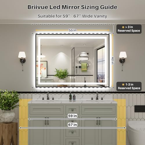 Briivue 55x40 Inch LED Bathroom Mirror with Gold Frame, Backlit & Front Lit