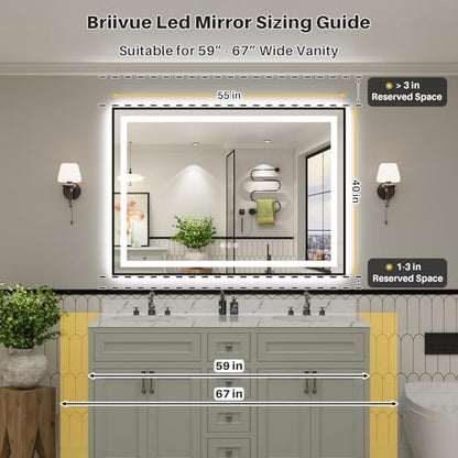 Briivue 55x40 Inch LED Bathroom Mirror with Gold Frame, Backlit & Front Lit