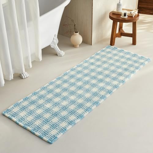 TYUU Waffle Runner Rug Bathroom, Long Cute Bath Mat, 72x24 Blue & White