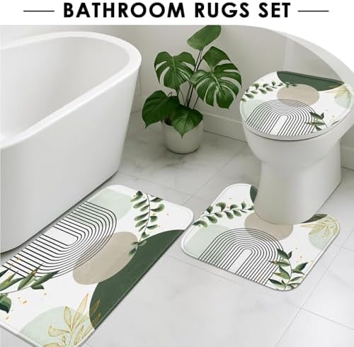 Bathroom Sets with Shower Curtain and Rugs, 4 Pcs, Boho Sage
