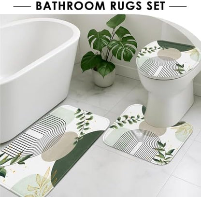 Bathroom Sets with Shower Curtain and Rugs, 4 Pcs, Boho Sage
