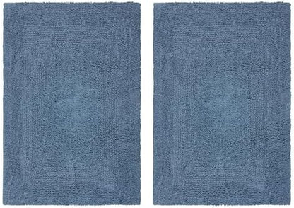 COTTON CRAFT 2 Pack Reversible Bath Mat Rug - Soft Plush -17x24- Azure Blue
