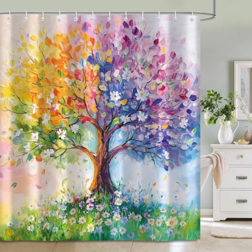 Watercolor Oil Painting Tree Shower Curtains, Colored Seasons Trees Floral Fabric Shower Curtain Set Colorful Abstract Aesthetic Bath Curtain for Bathroom Decor Waterproof Cloth with Hooks 72X84 Inch