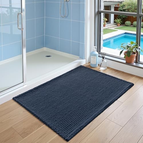 DEXI Chenille Bath Mat 36x24, Soft Absorbent Bathroom Rugs, Navy