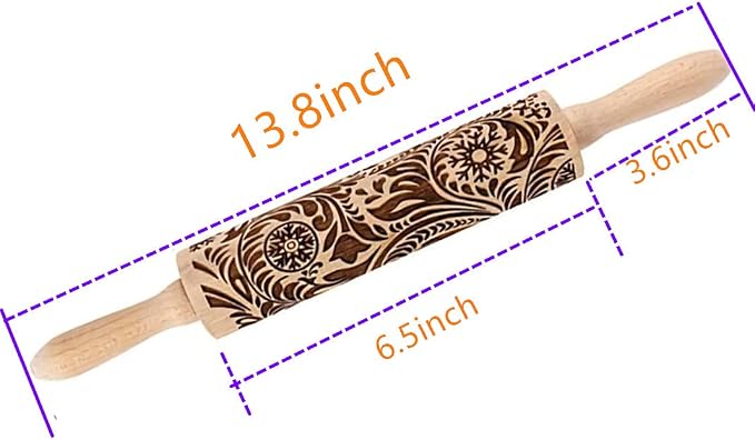 MIZORLIE 14.9"Paisley Engraved Embossed Rolling Pin, Christmas Snowflake Flower Pattern, Wooden Laser Engraved 3D Rolling Pin for Making Cookie Dough Crusts Pies Pastry