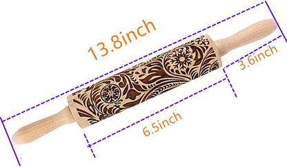 MIZORLIE 14.9"Paisley Engraved Embossed Rolling Pin, Christmas Snowflake Flower Pattern, Wooden Laser Engraved 3D Rolling Pin for Making Cookie Dough Crusts Pies Pastry