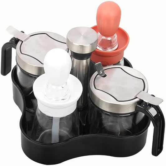 Revolving Condiment Pots Sugar Bowl Salt & Pepper Cellar with Lid and Spoon, Set of 4 Seasoning Box Spice Jar with 360 Rotating Tray for Kitchen, 2 Pots+2 Oil Dispenser Bottles