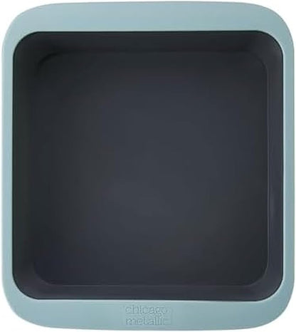 Chicago Metallic 8x8 Square Silicone Cake Pan, Blue - Nonstick Baking Pan for Brownies, Cakes and More, Wire-Reinforced Rim, Flexible, Oven Safe to 428F, Dishwasher Safe