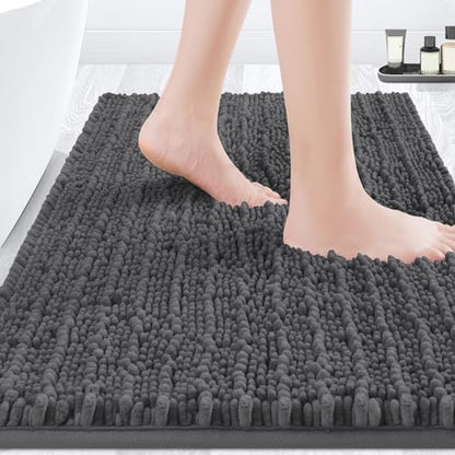 ACCUMTEK Upgrade Luxury Grey Bathroom Rug Mat Gray 24"x17", Ultra Soft Thick Absorbent Bath Mats, Non Slip Chenille Toilet Mat for Bathroom, Bedroom, Kitchen, Shower, Tub, Charcoal