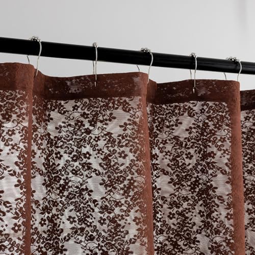 TUDECO Lace Brown Shower Curtain with Attached Valance, 72 x 72 Inch