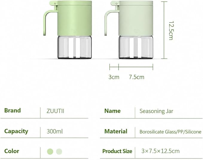 Zuutii Glass Spice Jars Moisture-Proof Spice Containers with Spoons, 10oz Spice Bottles, Mini Seasoning Storage Jars with Flapper Caps for Salt, Sugar, Peppers, Chili in Kitchen (Honeydew Green)