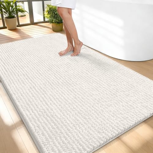 OLANLY Thick Chenille Large Bathroom Rugs 59x35, Absorbent Bath Mat, Ivory