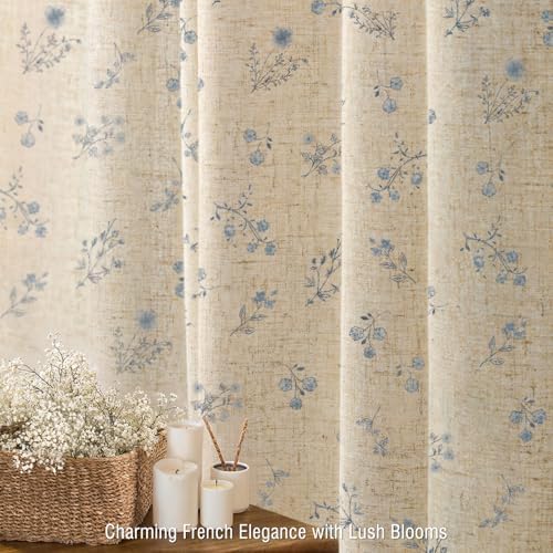 Blue Floral Farmhouse Vintage Linen Shower Curtain French Country 72Wx84H