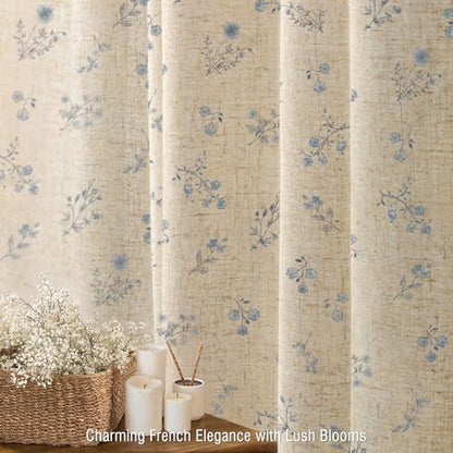 Blue Floral Farmhouse Vintage Linen Shower Curtain French Country 72Wx84H