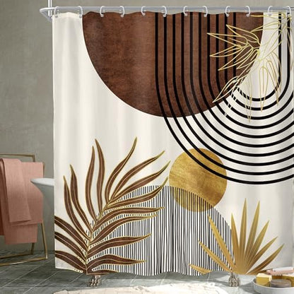 Mid Century Brown Boho Abstract Modern Gold Bathroom Shower Curtain Set