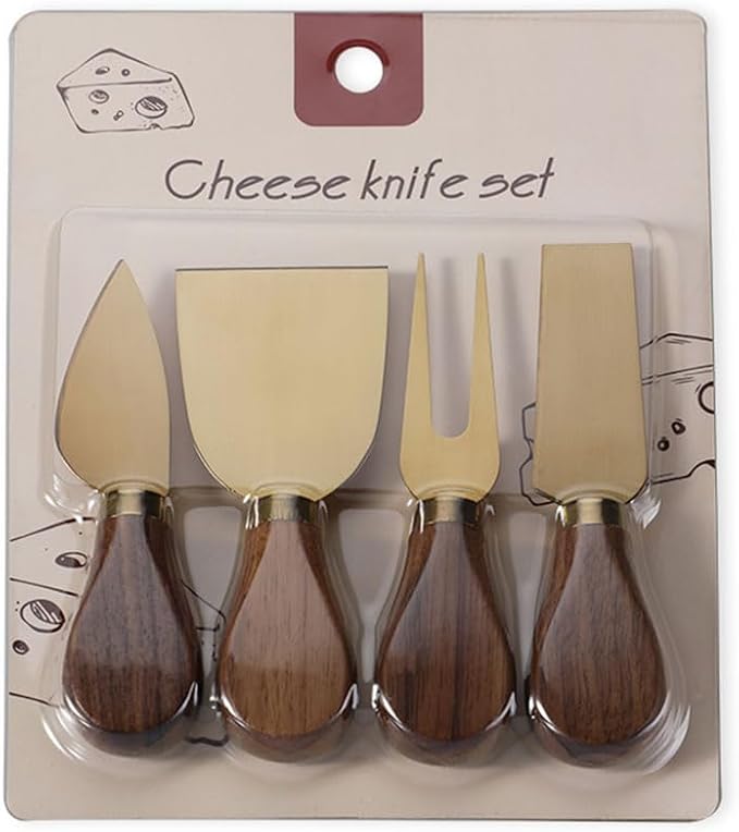 Linwnil 4-Piece Set of Stainless Steel Cheese Knives with Wood Hand, Including Cheese Slicer and Cheese Cutters, Essential Cheese Tools for the Kitchen (Walnut handle, Gold)