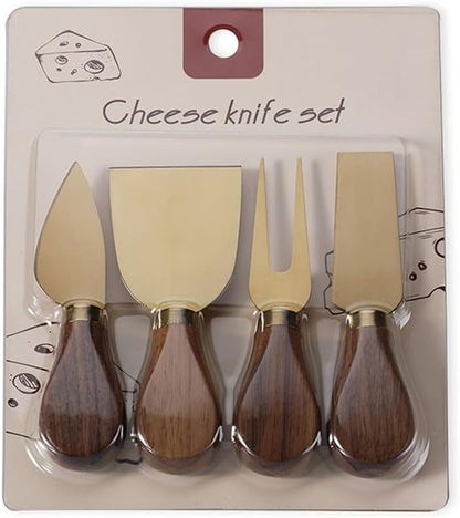 Linwnil 4-Piece Set of Stainless Steel Cheese Knives with Wood Hand, Including Cheese Slicer and Cheese Cutters, Essential Cheese Tools for the Kitchen (Walnut handle, Gold)