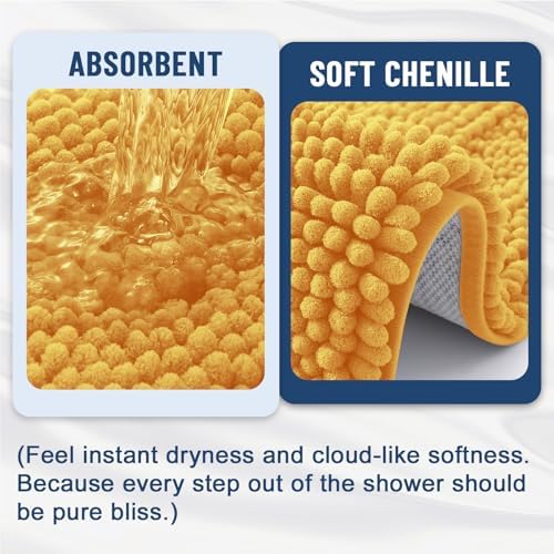 Grandaily Chenille Striped Bathroom Rugs 30x20, Extra Thick and Soft Absorbent Bath Mats, Rubber Backing, Plush Shaggy Shower Carpet, Machine Wash Dry, Bath Rug for Bathroom, Golden Yellow
