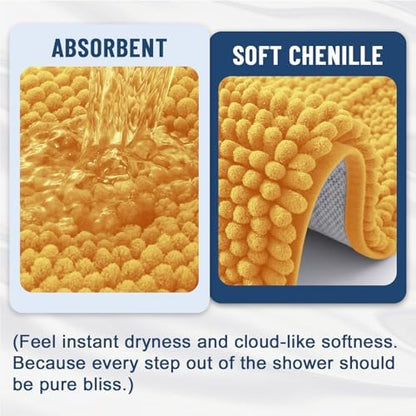 Grandaily Chenille Striped Bathroom Rugs 30x20, Extra Thick and Soft Absorbent Bath Mats, Rubber Backing, Plush Shaggy Shower Carpet, Machine Wash Dry, Bath Rug for Bathroom, Golden Yellow