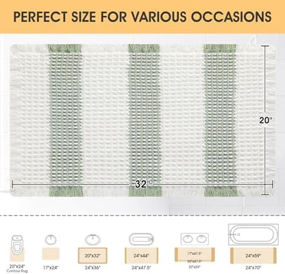 Upgrade Waffle Bath Mat, Boho Bathroom Rugs Absorbent Non Slip, Ultra Soft Bathroom Mat, Machine Washable Knit Bath Rugs with Stripe for Bathroom, Bedroom, Kitchen, Tub, 32"x20", Light Green & White