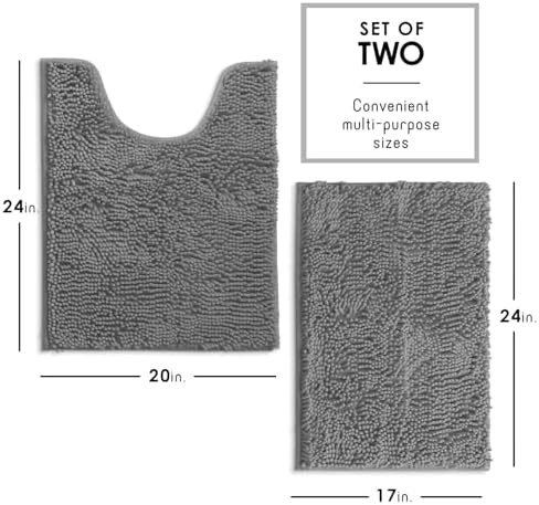 Hearth & Harbor Bathroom Rugs, Chenille Bath Mat - Machine Washable Bath Mats for Bathroom Non-Slip Backing Rubber, Quick Dry Bathroom Mat, 17 x 24 + 20 x 24 - Frost Grey