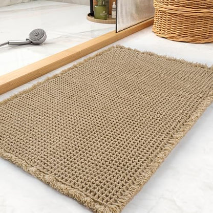 tchdio Waffle Bath Mat Rug, Super Absorbent Non Slip Bath Mats for Bathroom Mat Ultra Soft Bathmat Machine Washable Bathroom Rugs with Tassels, Bath Rugs Beside Tub, 18" x 30"