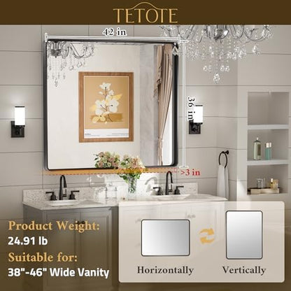 TETOTE Black Framed Mirrors for Bathroom, 42 x 36 Inch Modern Decorative Wall Mounted Rectangle Matte Framed Vanity Mirror (Horizontal/Vertical)