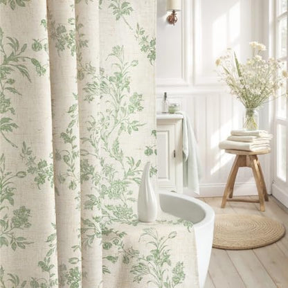 Sage Green Floral Shower Curtain,Vintage Linen Beige Cottagecore Shower Curtains for Bathroom, 72" W x 72" L