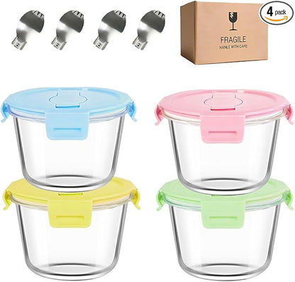 2 Cup Round Glass Soup Container with Lids and Spoons, 16oz Round Food Containers set, BPA-Free Small Borosilicate Glass Meal Prep Bowls for Leftover, Office. Oven, Freezer Safe (4 Pack)