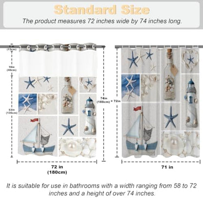 White Abstract Beach Theme No Hook Waffle Weave Shower Curtain with Snap in Liner Summer Ocean Coastal Nautical Modern Bathroom Decor Set 72 W x 74 H Inch Blue