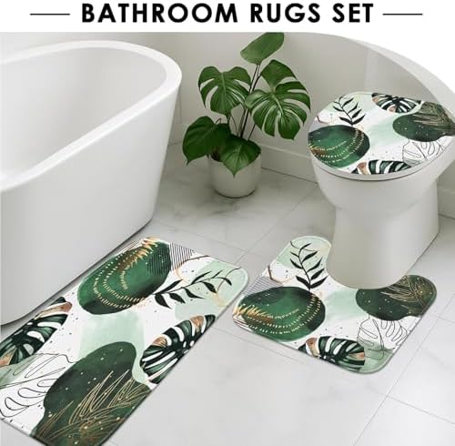 Bathroom Sets with Shower Curtain and Rugs, 4 Pcs, Boho Sage Green
