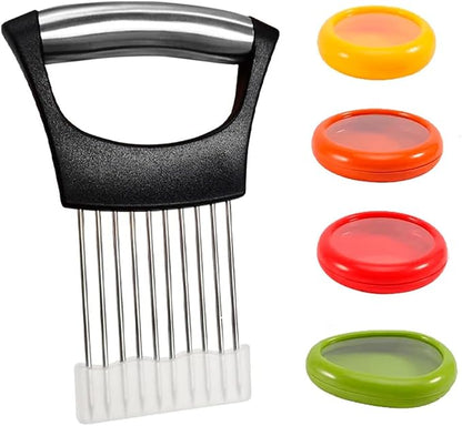 Avocado Saver Holder and Tomato Storage Set of 4 | Stainless Steel Onion Slicer - Reusable Containers for Fruits, Garlic, Lemons, Potatoes, and Vegetables - Ideal for Slicing and Keeping Fresh