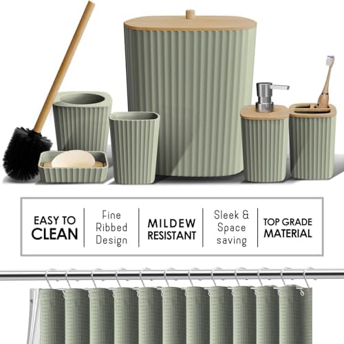 Clara Clark Bathroom Accessories Set - Bathroom Set, Bathroom Sets with Shower Curtain and Rugs, Shower Curtain Set with Trash Can - Sage Green - 22PC