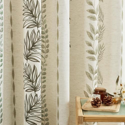 ORTIGIA Linen Shower Curtain with Metal Hooks,Sage Green Leaf Botanical Waterproof Natural Linen Bath Curtain for Rustic Farmhouse Bathroom Decor 72x72 Inch