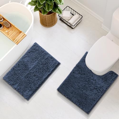 Hearth & Harbor Bathroom Rugs, Chenille Bath Mat - Machine Washable Bath Mats for Bathroom Non-Slip Backing Rubber, Quick Dry Bathroom Mat - Navy Blue 17x24-20x24