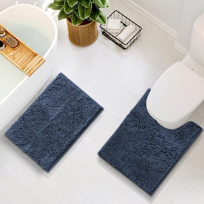 Hearth & Harbor Bathroom Rugs, Chenille Bath Mat - Machine Washable Bath Mats for Bathroom Non-Slip Backing Rubber, Quick Dry Bathroom Mat - Navy Blue 17x24-20x24