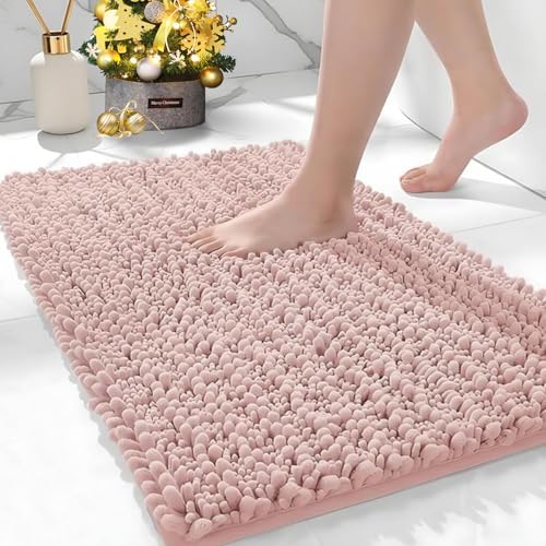 Bathroom Rugs Non Slip Washable 36x24, Extra Thick Soft Chenille Absorbent Bath Mat, High Density Barrier Non Slip Backing, Quick Dry Plush Shaggy Floor Carpet for Tub&Shower, Pink