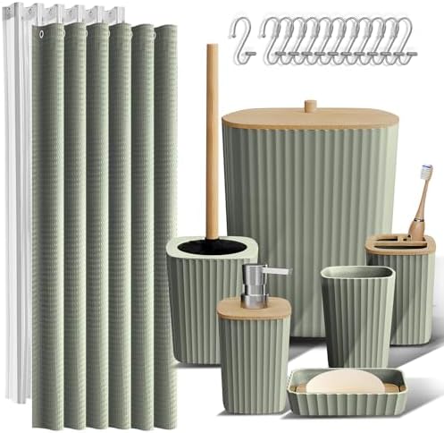 Clara Clark Bathroom Accessories Set - Bathroom Set, Bathroom Accessory Set, Shower Curtain Set, Toilet Brush, Trash Can & Soap Dispenser - Sage Green - 20PC