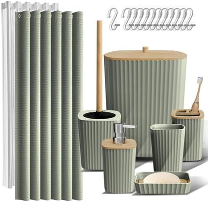 Clara Clark Bathroom Accessories Set - Bathroom Set, Bathroom Accessory Set, Shower Curtain Set, Toilet Brush, Trash Can & Soap Dispenser - Sage Green - 20PC