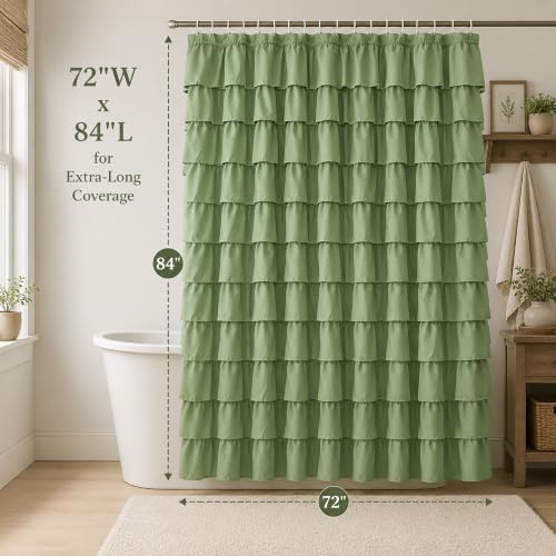 Sage Green Ruffle Shower Curtain for Bathroom, 72x84 inch, 1 Panel