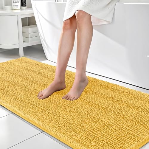 OLANLY Thick Bathroom Runner Rugs 70x24, Chenille Long Bath Rugs, Yellow