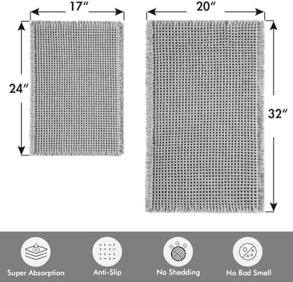 MIULEE Set of 2 Waffle Bathroom Rugs Light Grey Bath Mat 17"x24"+20"x32"