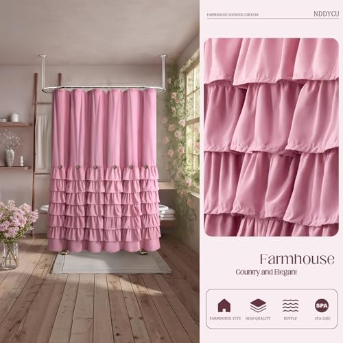 Ruffle Farmhouse Shower Curtain, Pink Vintage Shower Curtains for Bathroom Fabric Cute Rustic Cloth, 72" W X 78" L Inch