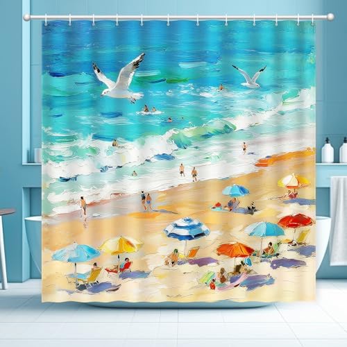 Summer Shower Curtain, Oil Painting Beach Ocean Shower Curtain Coastal Nautical Scene Seaside Seacoast Waterproof Fabric Bathroom Decor, Vacation Themed Bath Curtain for Home, Hotel & Resort