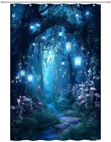 Fantasy Forest Path Shower Curtain Blue Fairy Magical Enchanted Misty Jungle Mushroom Floral Tree Butterfly Lantern Wonderland Bath Curtain Fabric Bathroom Accessories Decor with Hooks 47W x70L
