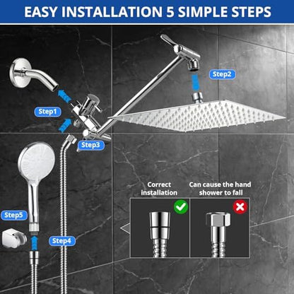 Shower Head, 10'' High Pressure Rainfall/Handheld Shower Combo, Chrome