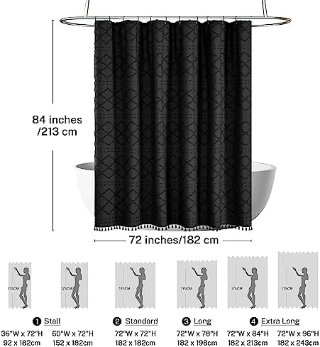 Extra Long Boho Black Shower Curtain with Tassels 72 x 84, Tufted Chevron Striped Chenille Woven Fabric Cloth Shower Curtain Modern Farmhouse Minimalist, Shabby Chic Textured for Bathroom